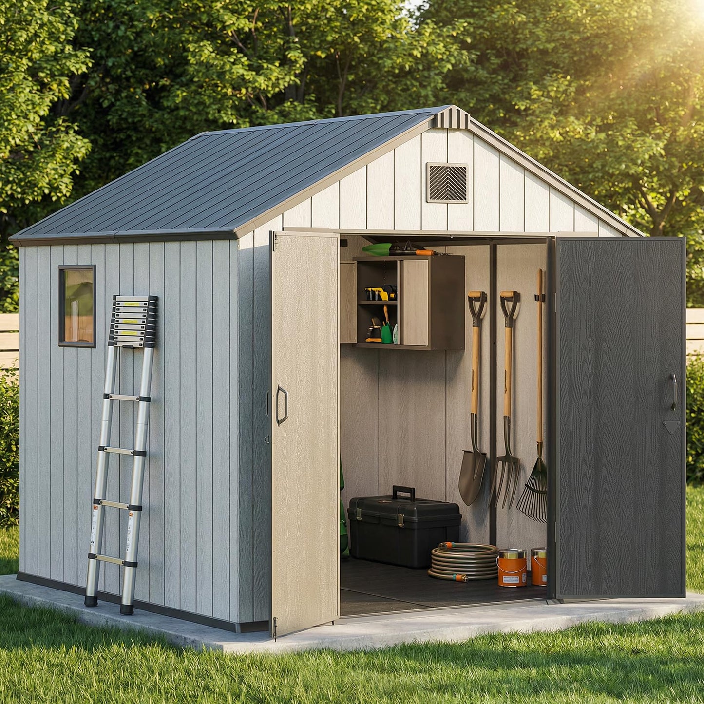 Jocoevol Outdoor Storage Shed, 8x8FT Resin Shed with Floor/Windows/Lockable Door/Vents, 15mm Thickened Heavy Duty All-Weather Garden Tool Shed for Backyard, Patio, Lawn, Gray