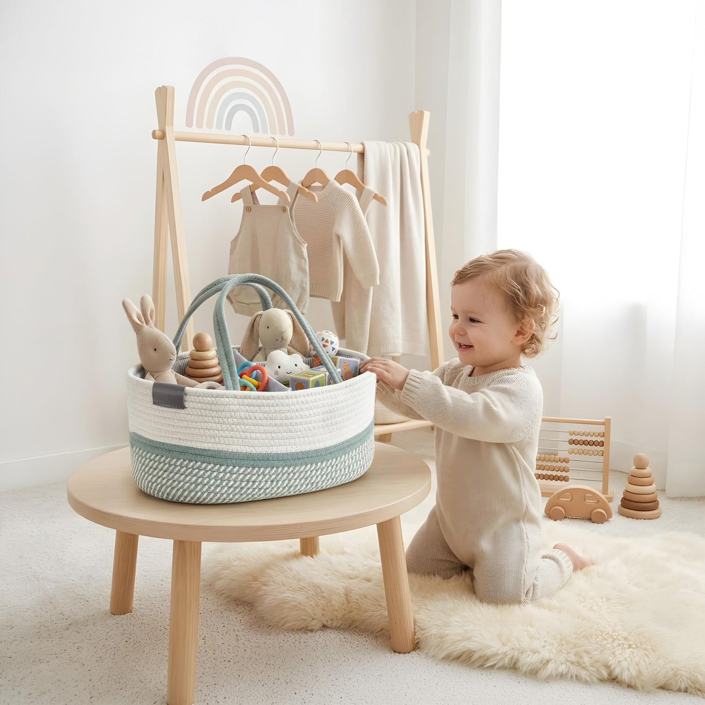DECOMOMO XL Baby Caddy Organizer, Diaper Caddy Basket, Baskets for Baby Shower Gifts (Sage Green & White, Extra Large)