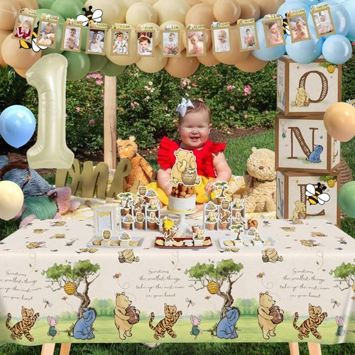 154pcs Winnie First Birthday Decorations Party Set, Classic Pooh Bear 1st Birthday Month Banner, High Chair Banner, ONE Box, Balloon Arch, Crown, Tablecloth, Backdrop, Cake Toppers and Stickers
