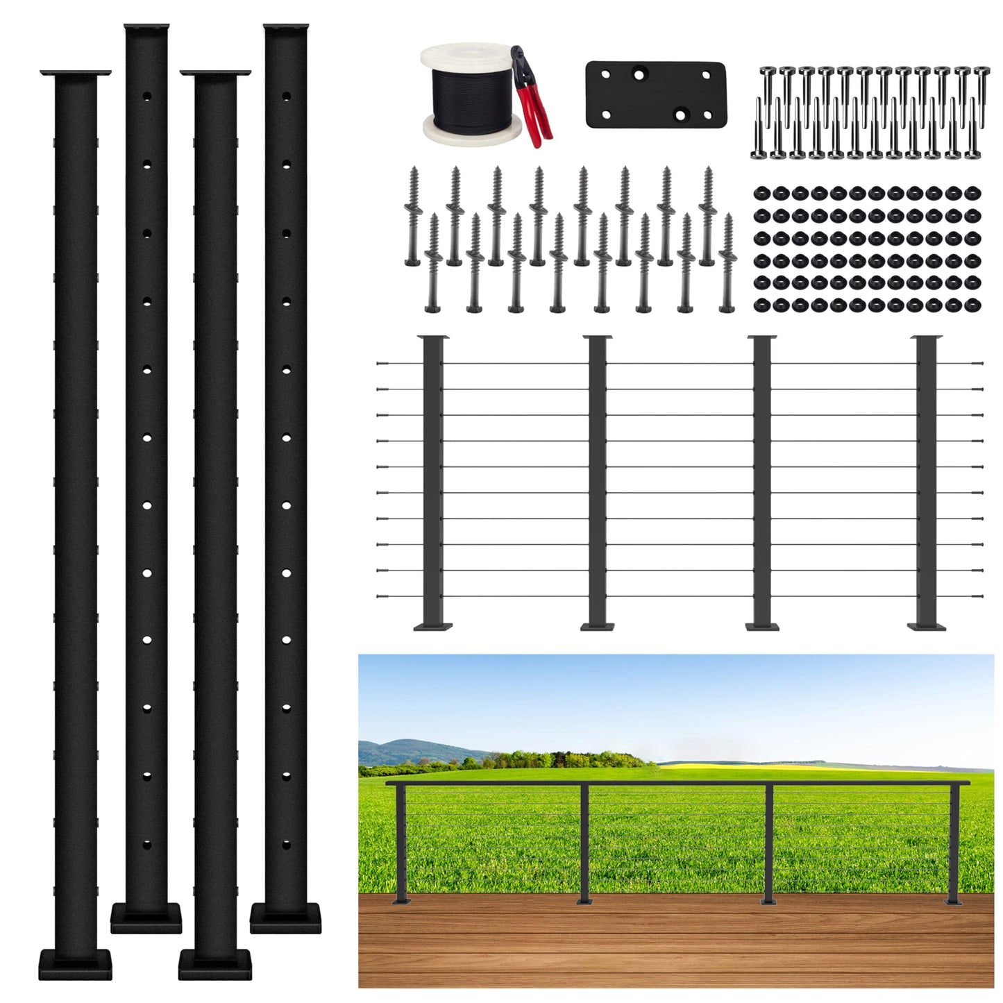 Patavin 15FT 42" Complete Black Cable Railing Post Kit 4 line Post Kit -Cable Railing System for Deck Easy DIY (No Handrail)