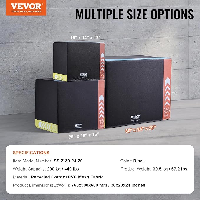 VEVOR 3 in 1 Plyometric Jump Box, Cotton Plyo Box, Platform & Jumping Agility Box, Anti-Slip Fitness Exercise Step Up Box for Home Gym Training, Conditioning Strength Training, Multiple Sizes, Black