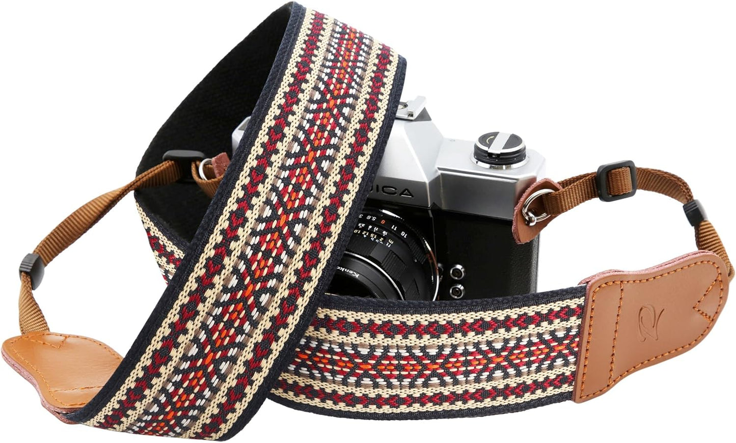 Ends,2" Padwa Lifestyle Speed Red Embroidered Camera Strap - Double Layer Cowhide Cotton Woven Camera Straps