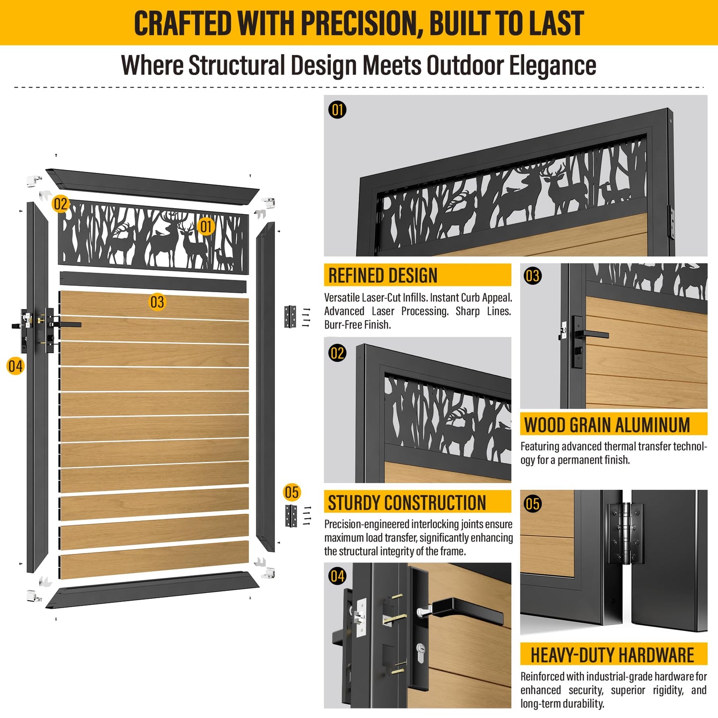 Brukid 4x5 FT Aluminum Fence Gate Kit Wood Grain Aluminum Gate with Decorative Cutout, Lock & Hinges, Left/Right Opening, Weather Resistant for Yard Garden Patio