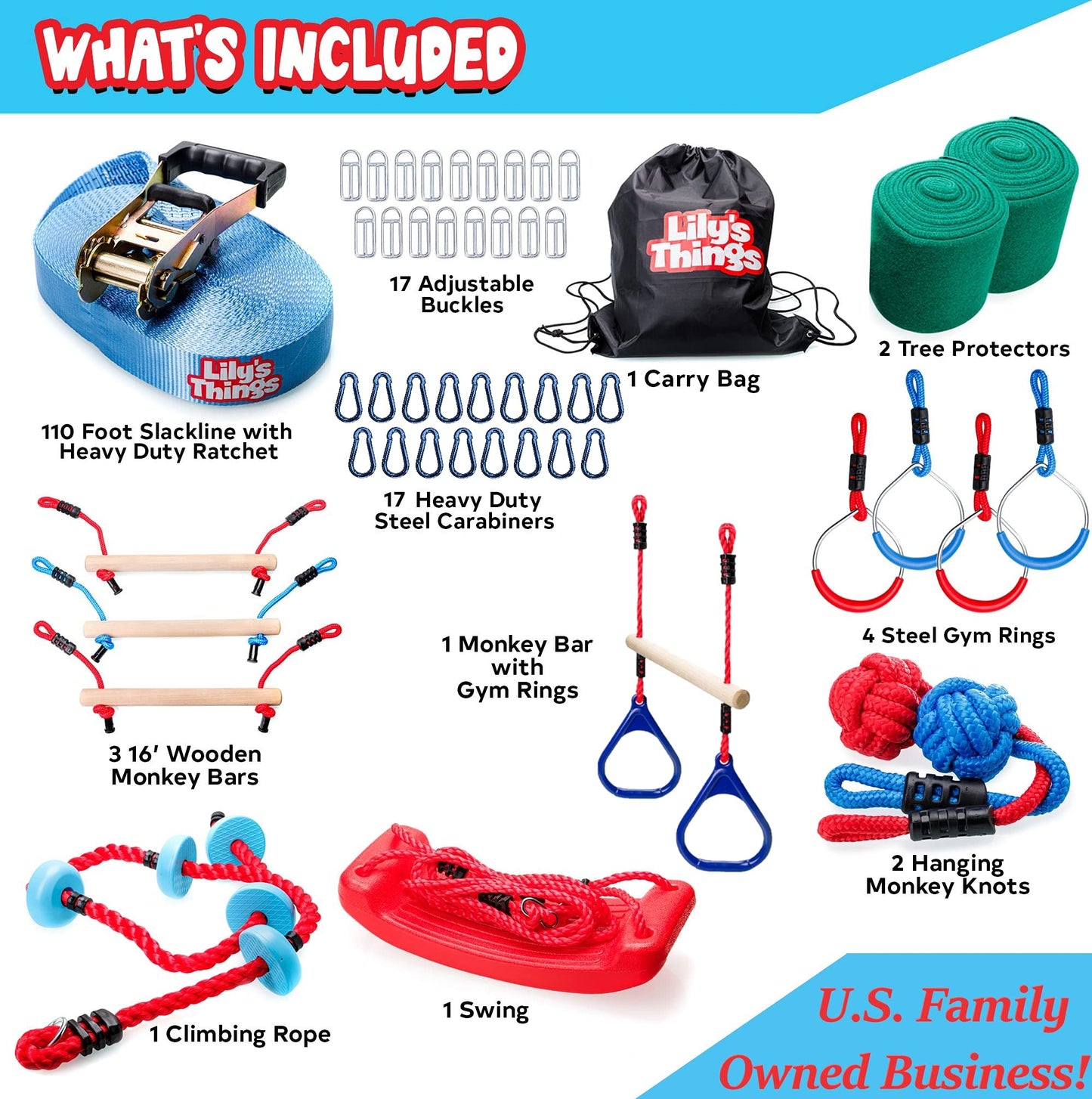 Double Ninja Slackline Obstacle Course for Kids | 110 Foot Line | Monkey Bars Playground Equipment | Ninja Warrior Obstacle Course for Kids | Patented Double Line Design (Deluxe)
