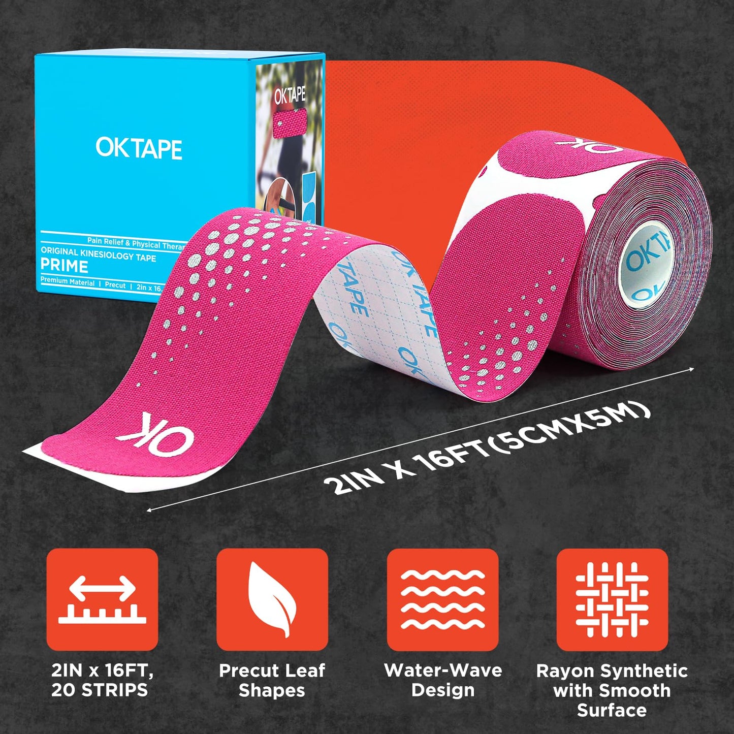 OK TAPE Synthetic Kinesiology Tape Precut Strips, Waterproof Kinesiology Athletic Tape for Joint & Muscle Support, Reflective and Durable Tape, 2in×16.4ft Roll 20PCS | Pink