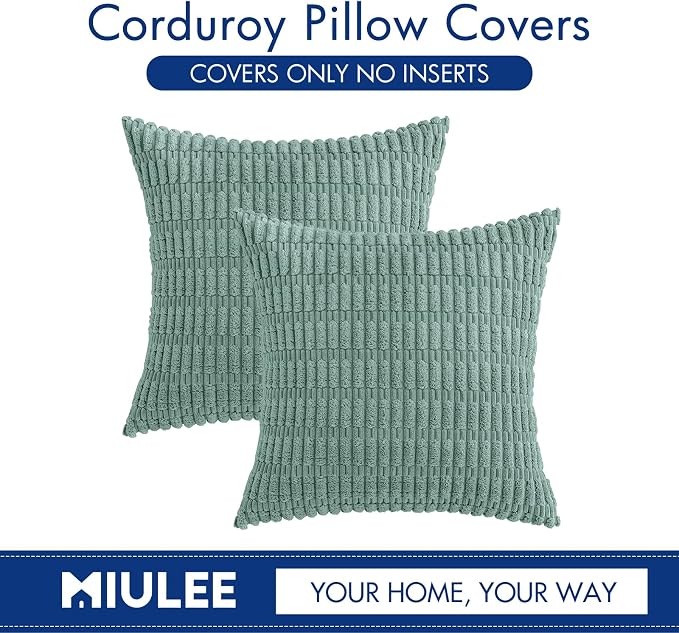 MIULEE Pack of 2 Corduroy Decorative Throw Pillow Covers 20x20 Inch Soft Boho Striped Pillow Covers Modern Farmhouse Home Decor for Summer Sofa Living Room Couch Bed Teal Green