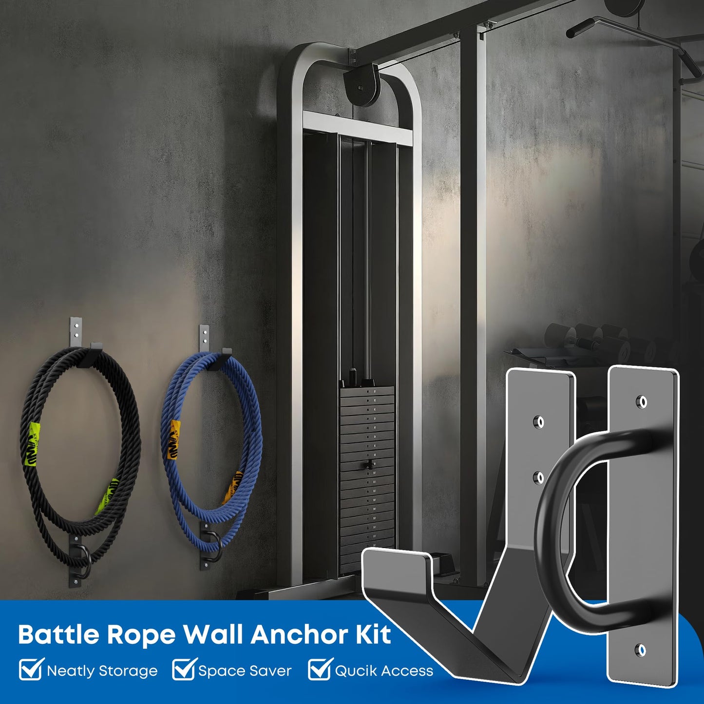 Battle Rope Wall Mount Kit - Set with 1 Battle Rope Wall Anchor and 1 Storage Hook for 30-50 Feet,1"-2.5" Battle Ropes - Heavy Duty Steel Battle Rope Anchor Wall Mount Kit-Battle Rope Rack Attachment