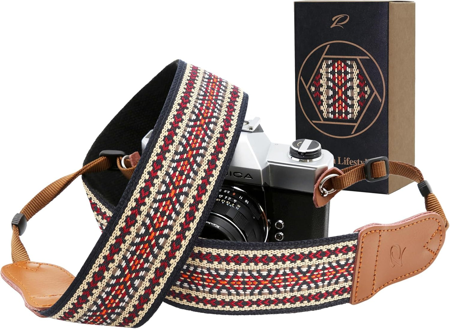 Ends,2" Padwa Lifestyle Speed Red Embroidered Camera Strap - Double Layer Cowhide Cotton Woven Camera Straps