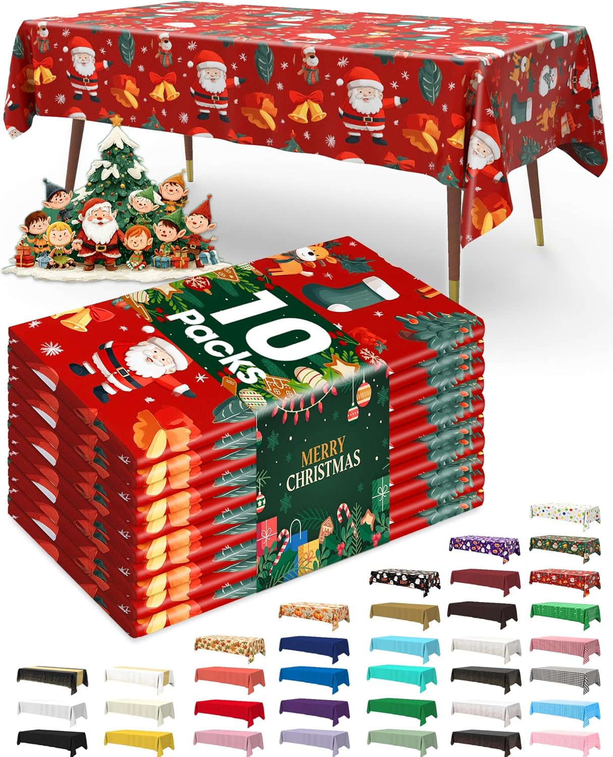 Pureegg Disposable Plastic Tablecloths - 10 Pack, 54 x 108 Inch, Sturdy & Leakproof, Christmas Red