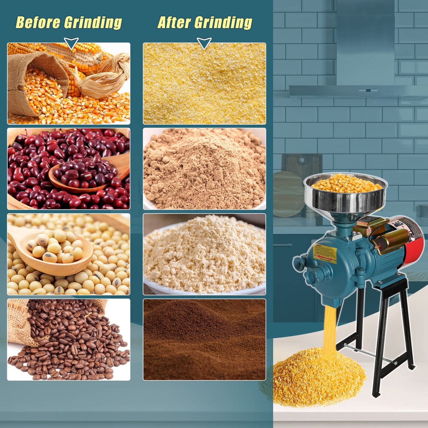 Electric Grain Grinder Mill, 3000W 110V Corn Grinder Mill Electric, Dry Cereals Rice Coffee Wheat Corn Mills with Funnel, Grain Grinders Mils Powder Machine