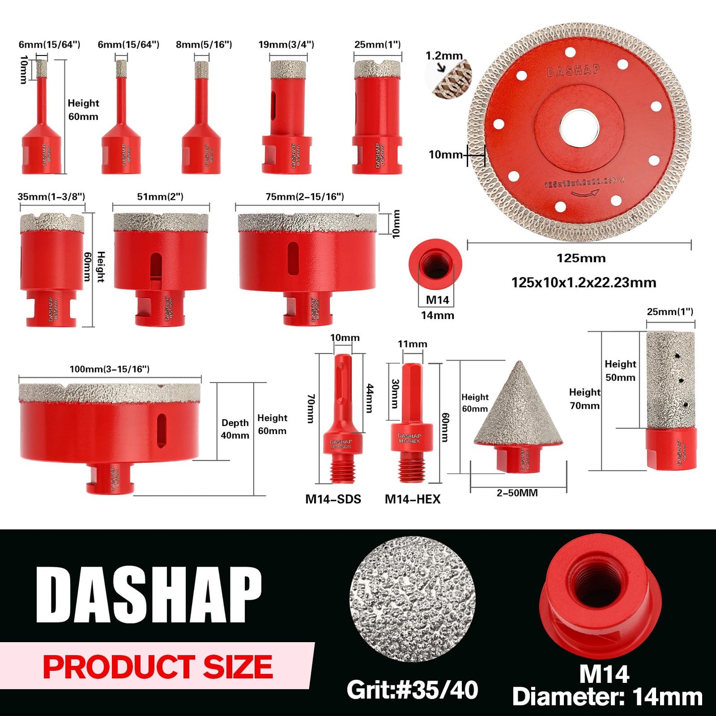Diamond Hole Saw Kit,14 PCS Porcelain Tile Drill Bits Set 6/6/8/19/25/35/51/75/100mm,Diamond Core Drill Bits Set for Ceramic, Granite,Porcelain