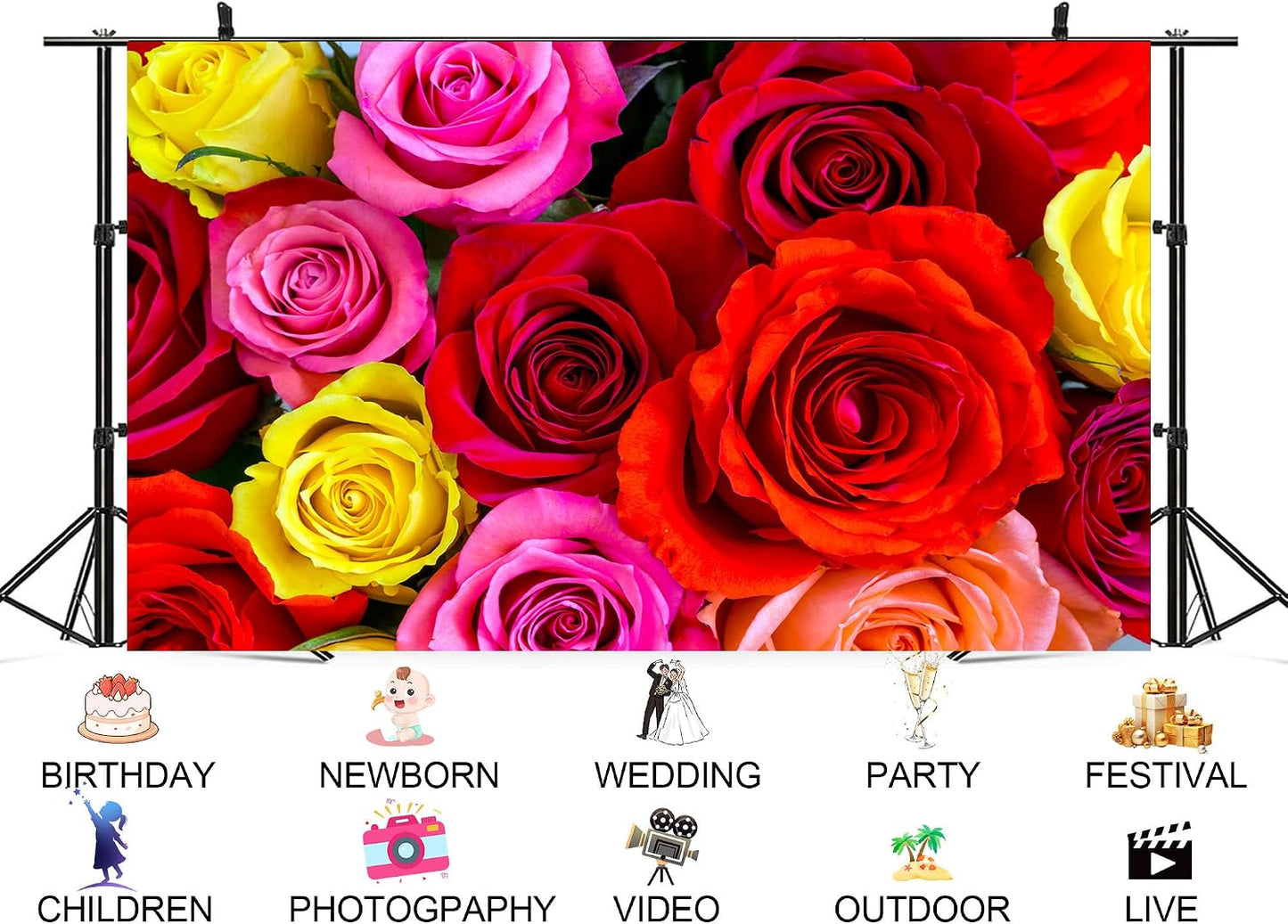 UPXIO 5x3ft Colorful Rose Bouquet Backdrop Mixed Red Pink Yellow Roses Photo Background Tapestry for Valentine's Day