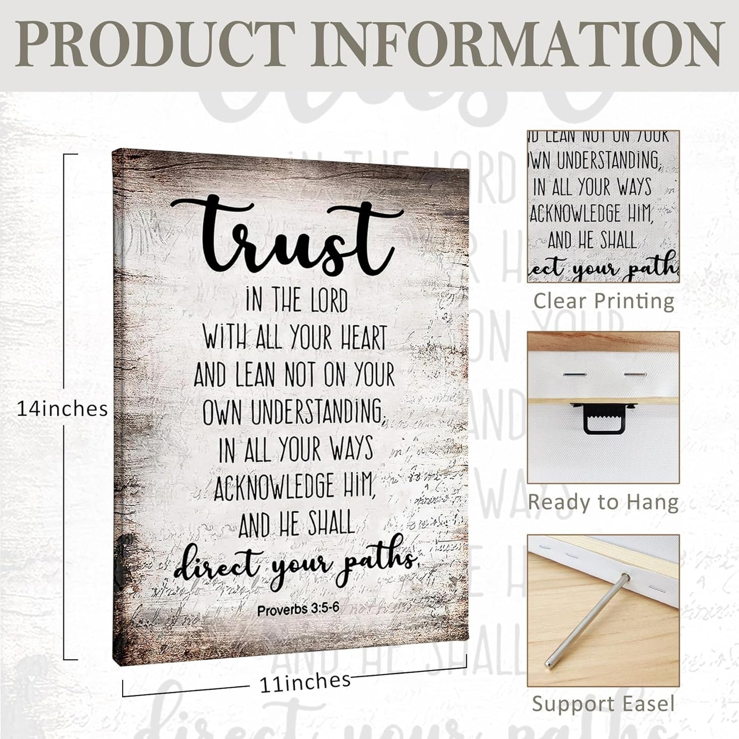 PHAMTE Christian Wall Art - Proverbs 3:5-6 Bible Scripture Print | Framed Canvas Decor (11x14)