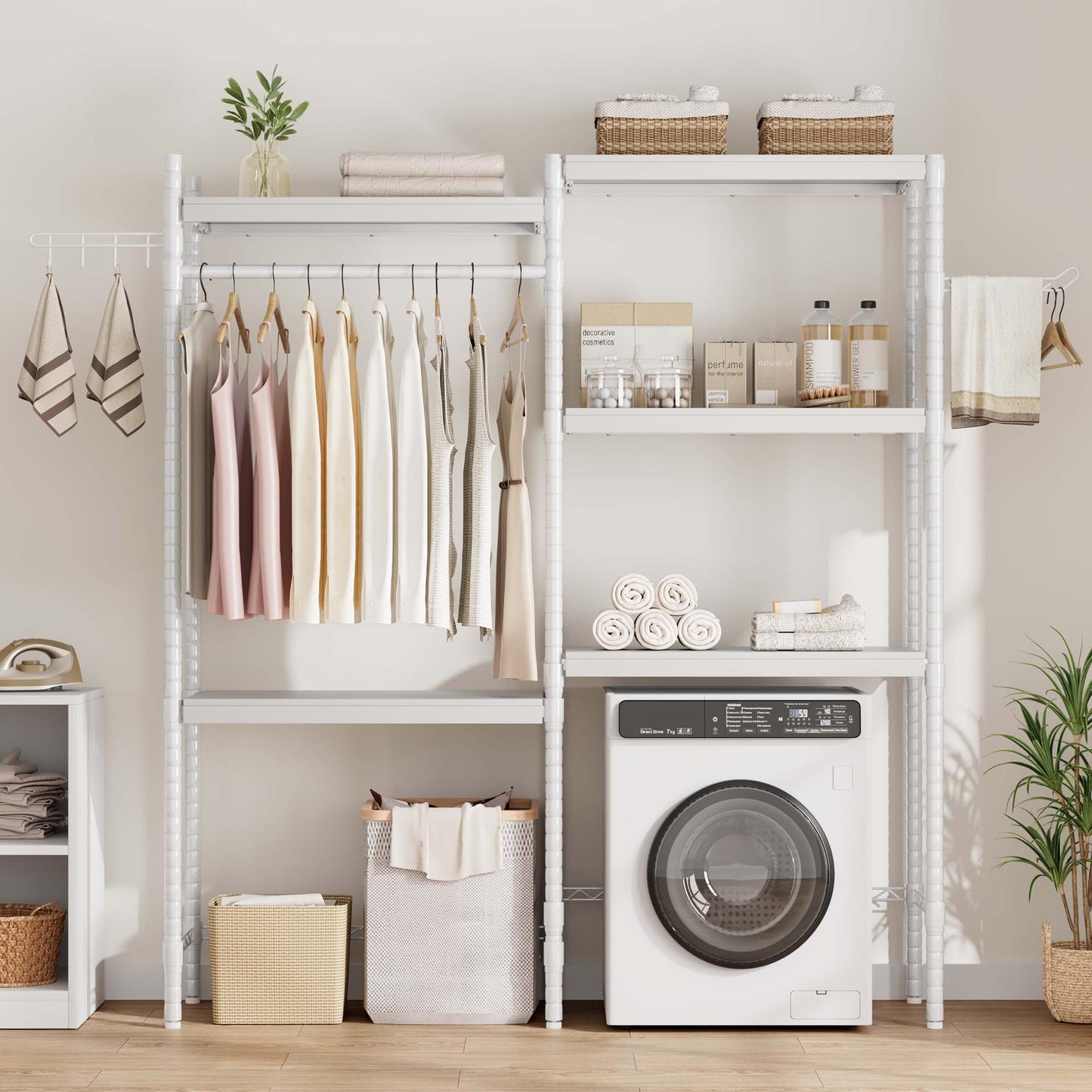 Garvee 30 in 5-Tier Over-The-Washer Shelf – Adjustable Height Laundry Organizer with Double-Layer Wood Shelves (100 LB Capacity), Space-Saving Storage for Bathroom, Laundry Room, Balcony (White)