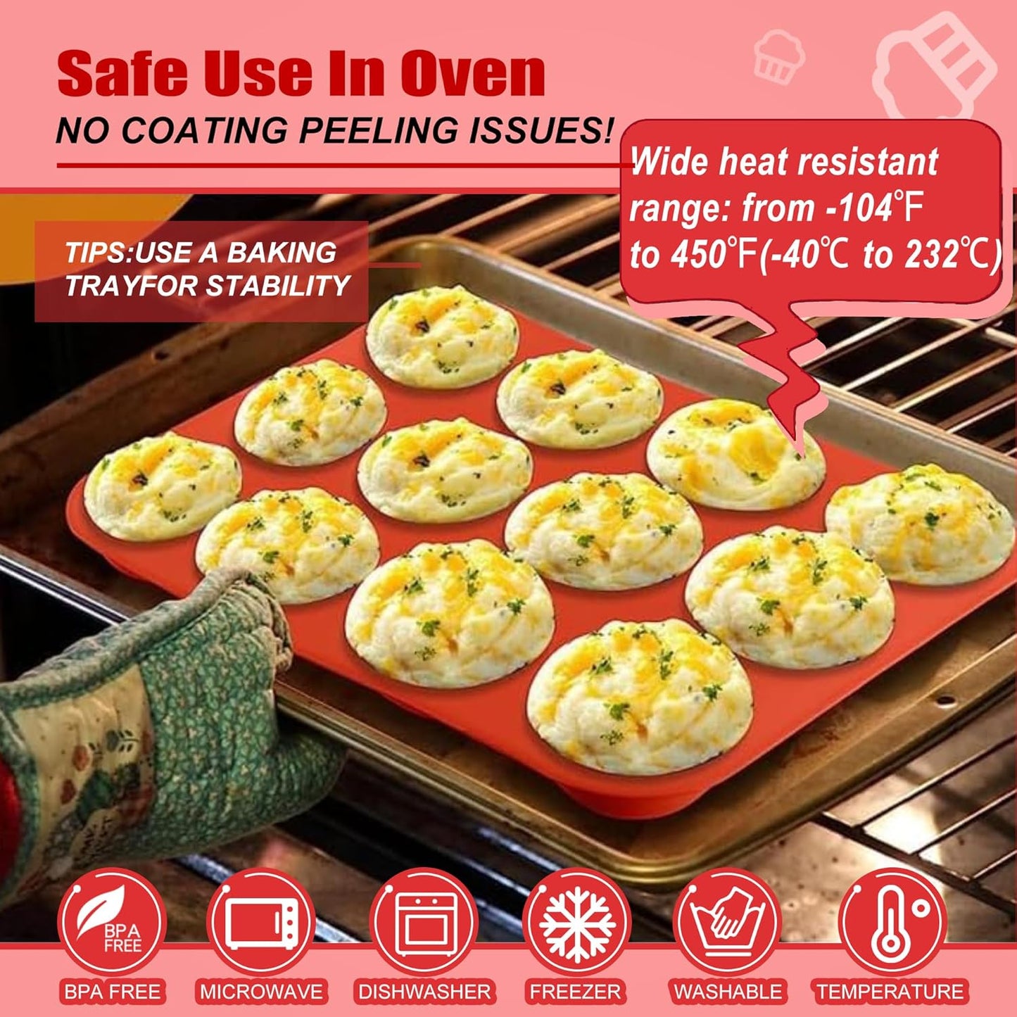 Skiennix Silicone Muffin Pan - 12-Cup Non-Stick Baking Mold | Dishwasher & Microwave Safe
