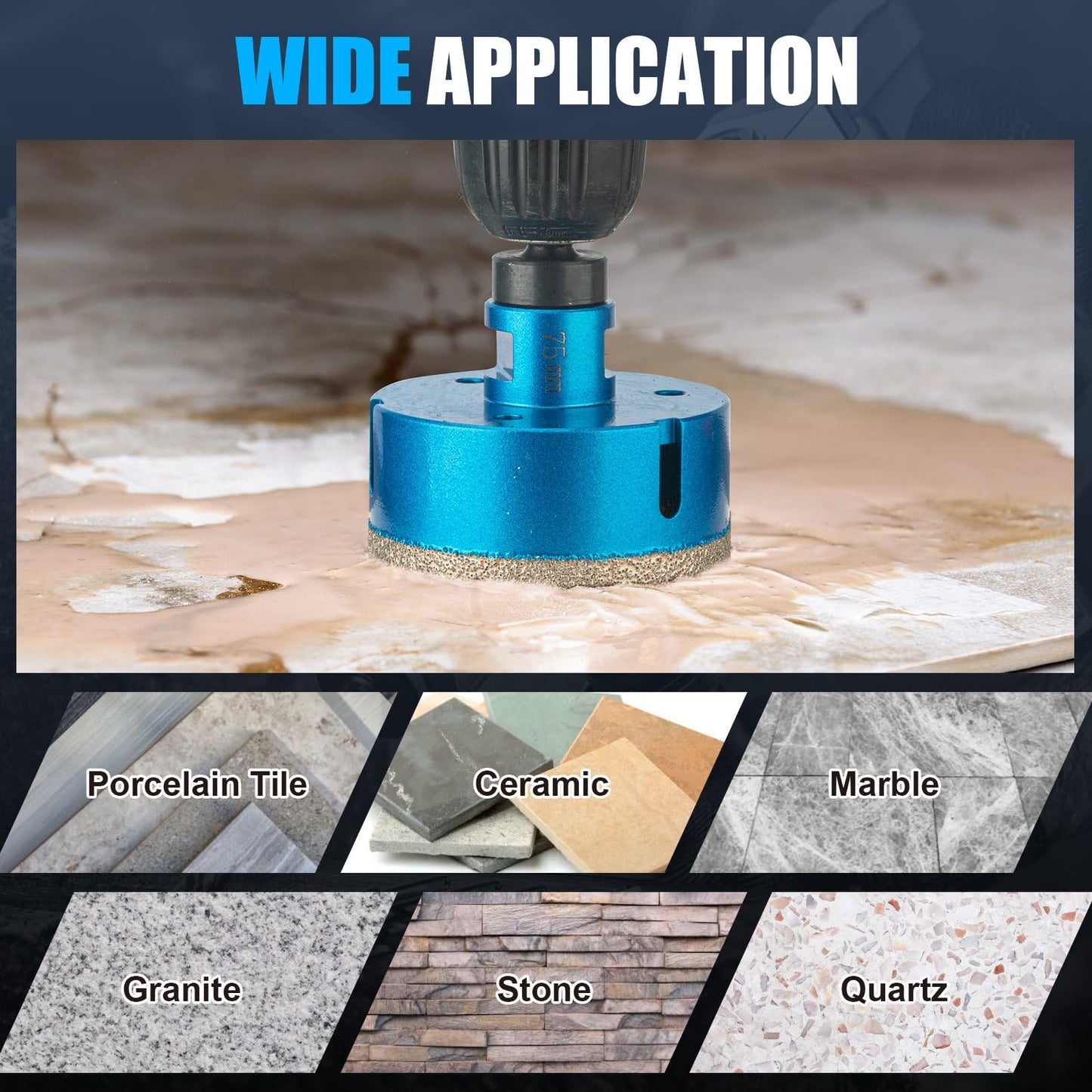 Diamond Tile Hole Saw Kit - 14 PCS Set Including 6/6/8/20/25/35/50/75/100mm Drill Bits, 20mm Finger Bit, 50mm Beveling Chamfer Bit, and 5" Diamond Blades for Tile, Ceramic, Porcelain, and Marble