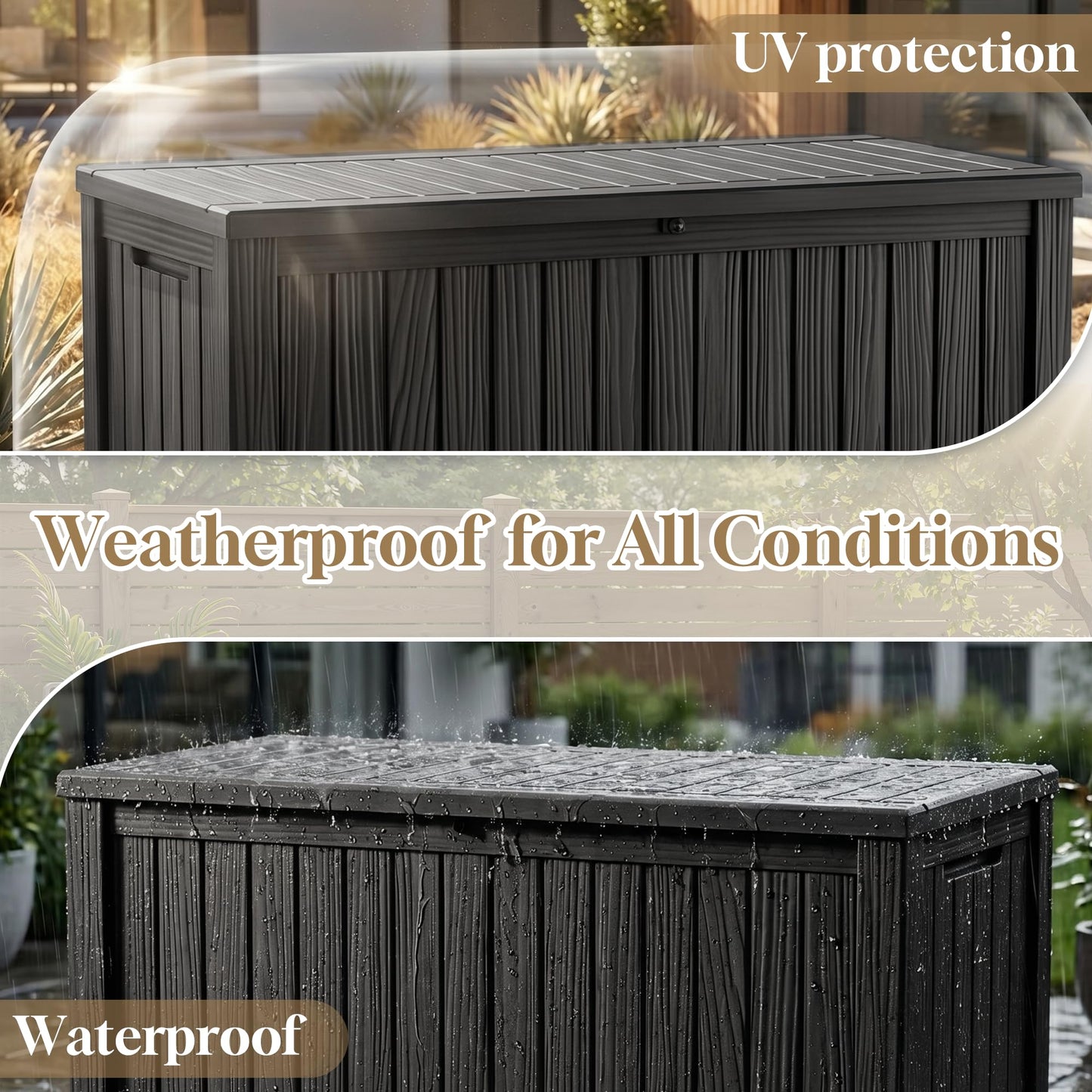 ROJIK 150 Gallon Outdoor Storage Box Waterproof,Weatherproof Deck Boxes Outdoor Lockable,Resin Outside Storage Box for Garden Tools,Cushions,Pool Accessories(Black,150 Gal)