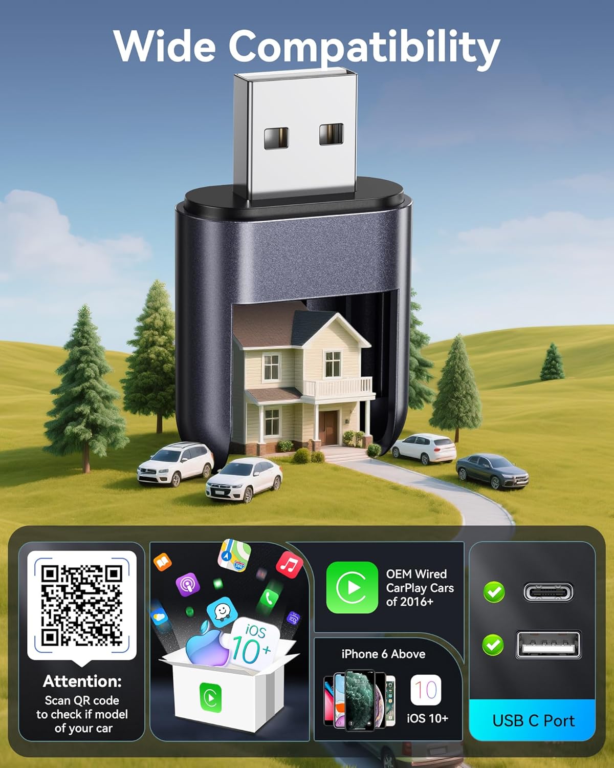 Burnt Sugar 2026 10+ 2016+ Wireless Carplay Adapter for iPhone Upgraded, Ultra-Mini USB Design for Apple Car Play