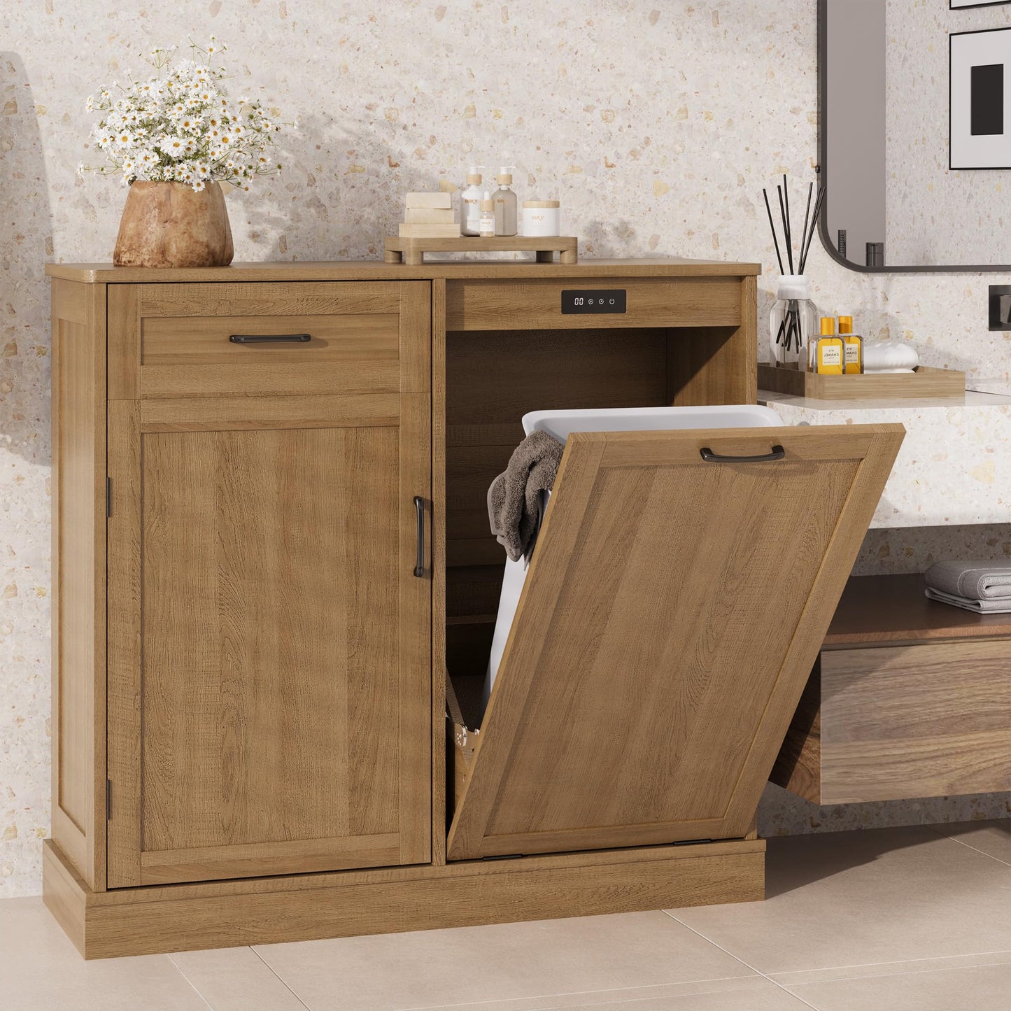 LOUVIXA Double Tilt Out Trash Cabinet, Kitchen Island with Trash Storage, Trashcan Cabinet for Kitchens, Wood Cabinet with Trash Can Pull Out, Dog Proof Trash Can (Light Coffee, 10 Gal)
