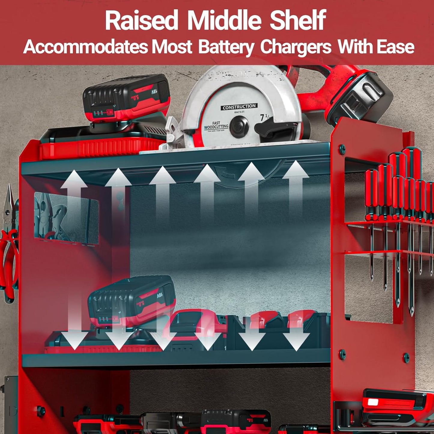 YYR Power Tool Organizer - Wall Mount Charging Station & Heavy-Duty Drill Holder - Red