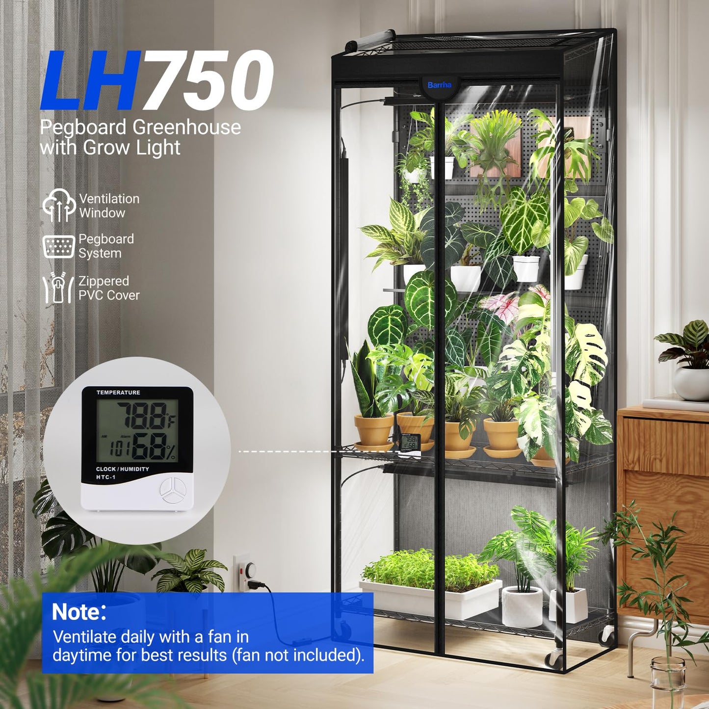 Barrina LH750 Pegboard Indoor Greenhouse with Grow Light, Plant Cabinet with 90W 5000K Full Spectrum Lamps, 3 Adjustable Pegboards, Timer, Wheel, for Foliage Plant, Seedling, 29.5x13.8x67.9IN