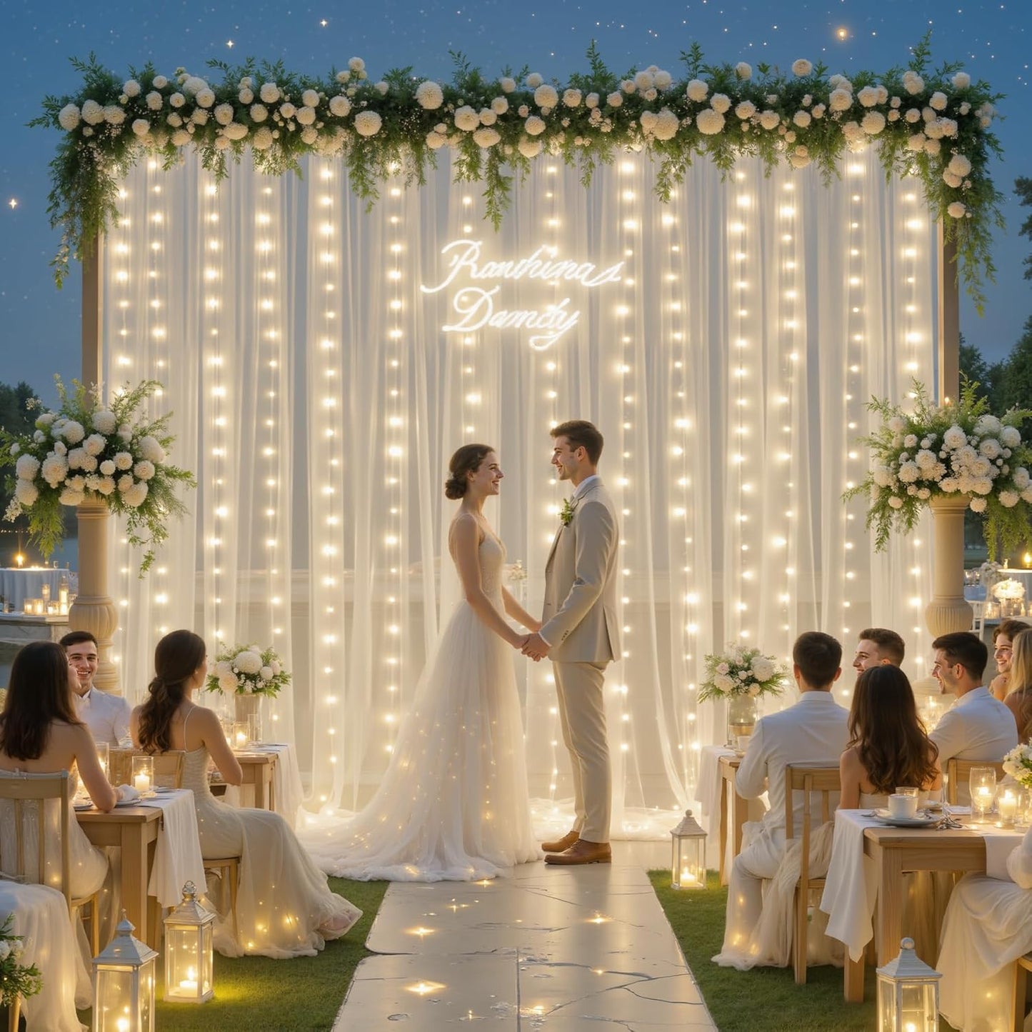 Suppromo 108ft Ivory Sheer Backdrop Curtains with Lights String for Parites Wedding Tulle Backdrop Curtains for Baby