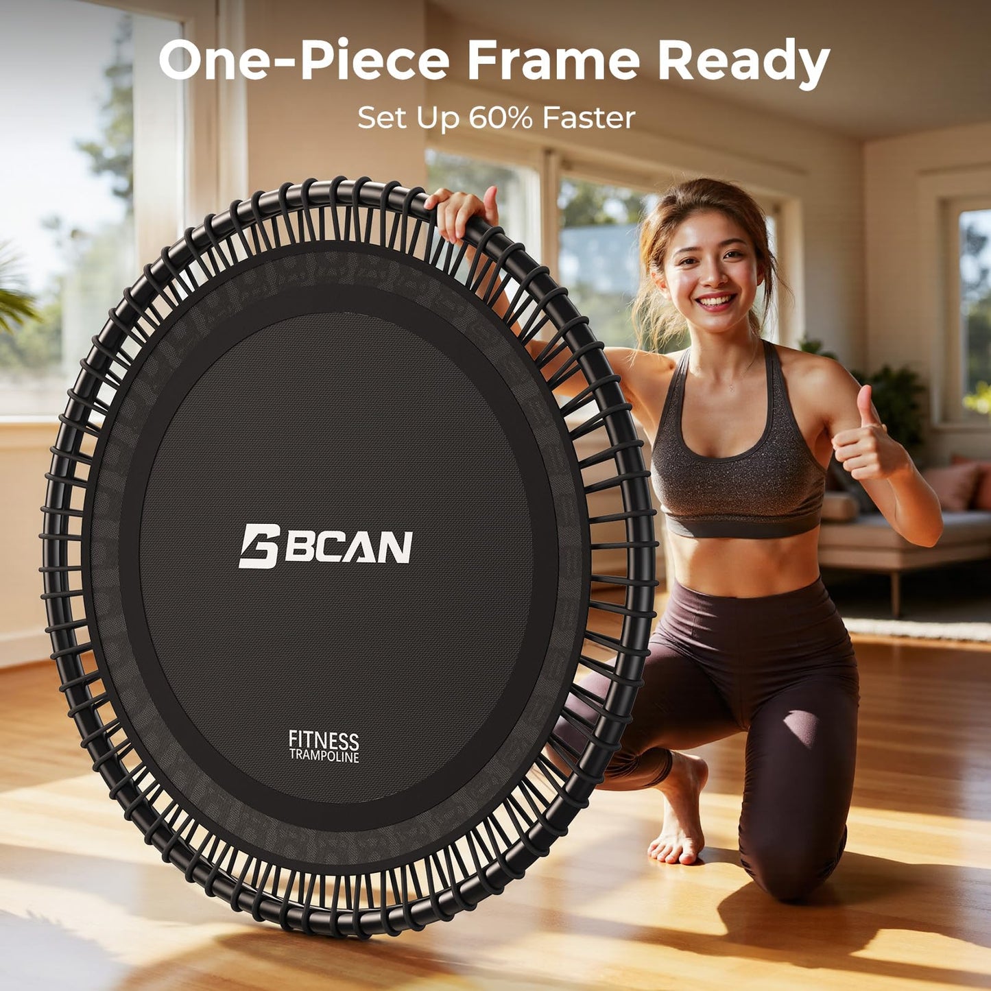 BCAN BT4 40" Soft Land Pro Adult Bungee Rebounder Trampoline, 500lb Capacity, Adjustable Tension Bungees, One-Piece Frame (16 Gauge), Quiet Indoor Cardio w/Handle, Phone Holder & 2 Pairs Socks, Black