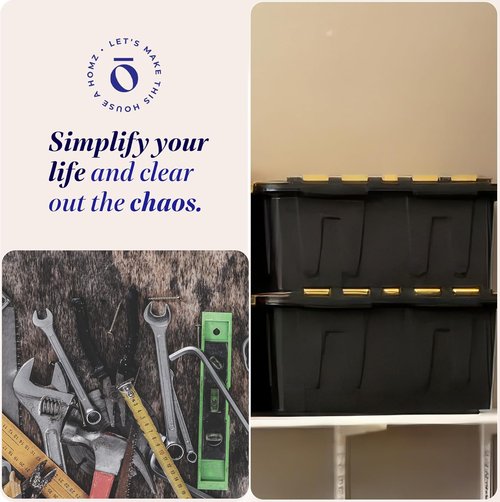 HOMZ Heavy Duty Plastic Storage Bins - 15 Gallon Stackable Containers with Lids | Black/Yellow
