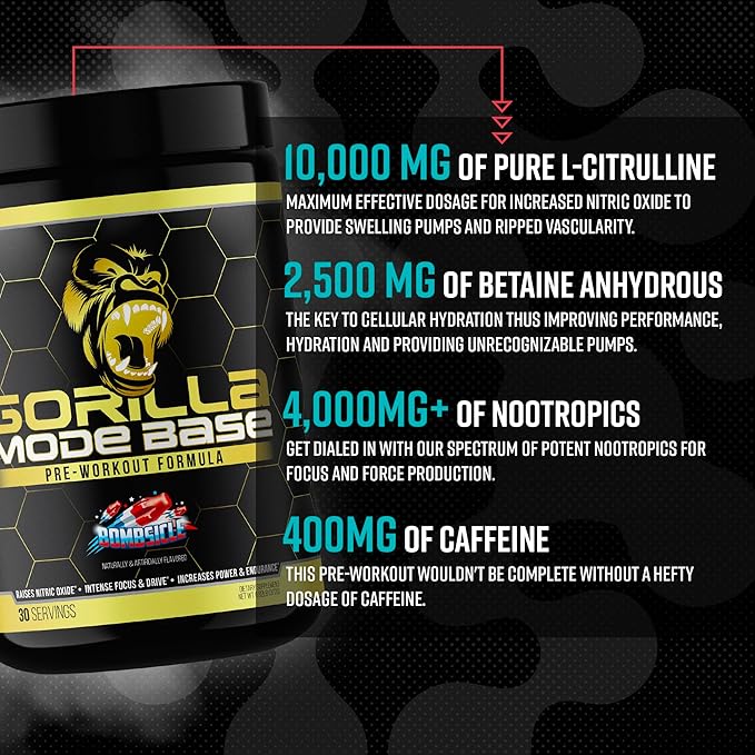 Gorilla Mind Base Pre Workout - Raises Nitric Oxide Intense Focus & Drive Endurance Power - L-Citrulline, L-Tyrosine, Betaine, Alpha-GPC, Caffeine, Huperzine A - 360 Grams (Watermelon)