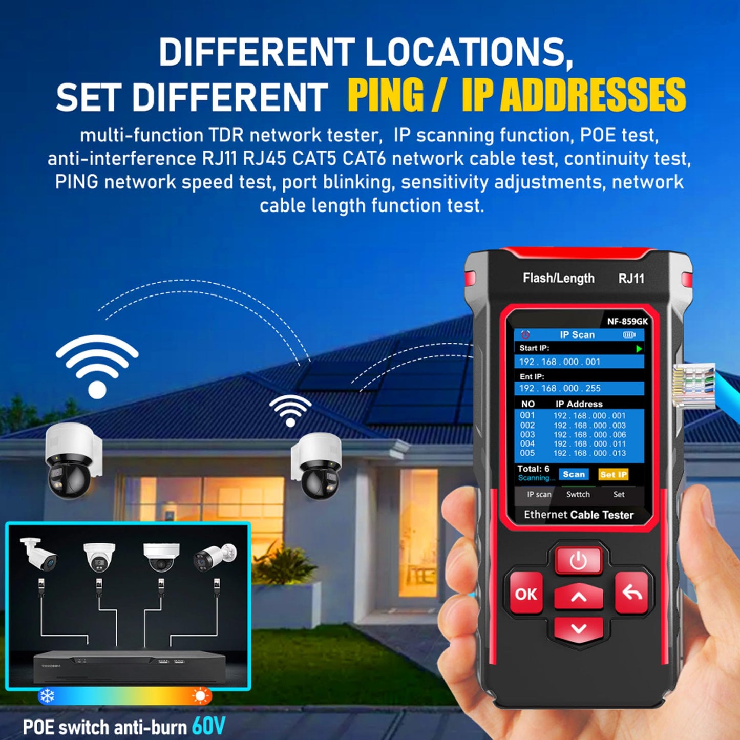 NF-859GK Network Cable Tester TDR Multi-Function with lP Scan CAT5 CAT6 CAT7 PING/POE/RJ45 RJ11 Cable TonerTester for Phone Lines CAT3, Ethernet,Wire Tracer LAN Network Tool Fiber Optic Continuity