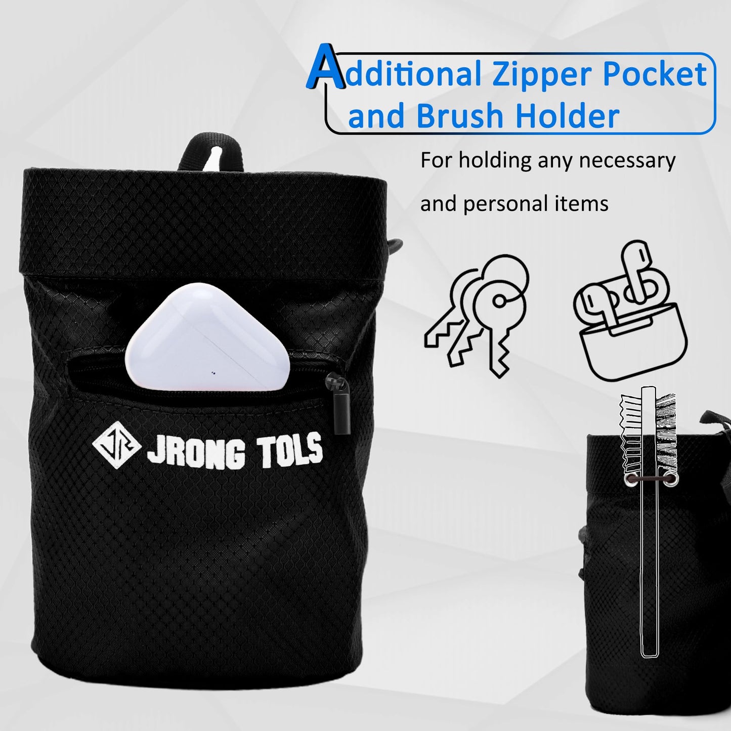 Chalk Bag for Rock Climbing Bouldering, Sealable Drawstring Closure, Capacious Zippered Pocket Athletic Chalk Bag with Waist Belt for Weightlifting, Gymnastics, Crossfit (Black)