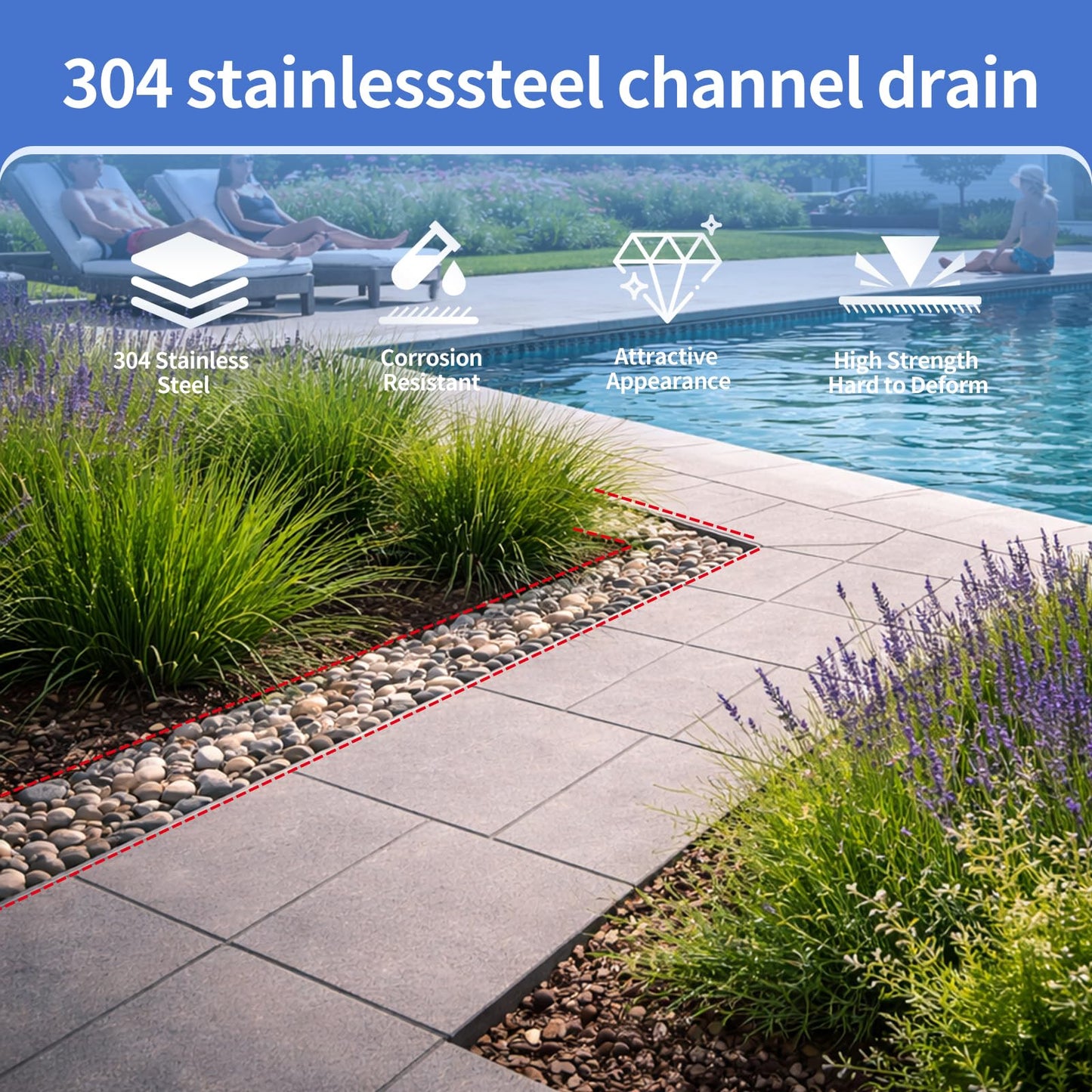 304 Stainless Steel Channel Drain with Pebble Cover–Heavy-Duty Rustproof Channel Drain Kit, Decorative Landscape Trench Drain System for Patio, Yard, Garden Paths, Walkways & Outdoor Drainage.