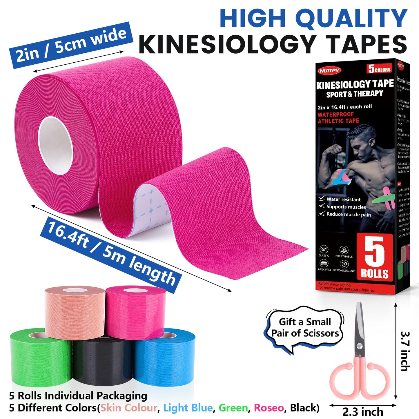 5 Rolls Kinesiology Tape, 5 Colors 2 inch x 16.4 Feet Waterproof Athletic Tape, Uncut Kinetic Tape, Elastic Muscle Tape, Sports Tape, Knee Tape for Exercise and Daily Use