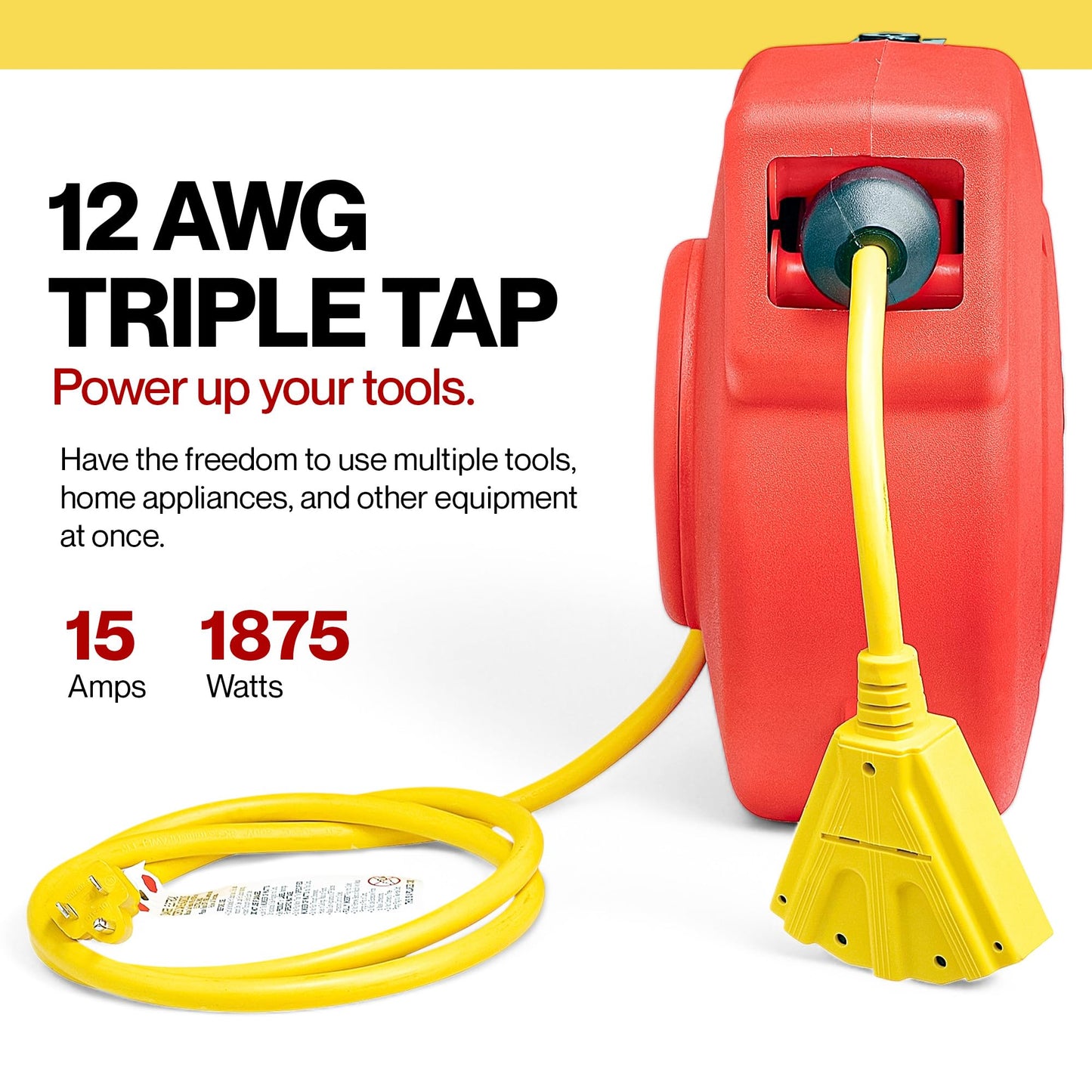 ReelWorks Retractable Extension Cord Reel Polypropylene 12AWG x 40' Foot Industrial Commercial Grade 3C SJT Cable Triple Tap Connector 15A 125VAC 1875W 60Hz Current Interrupter Best for Indoor Use