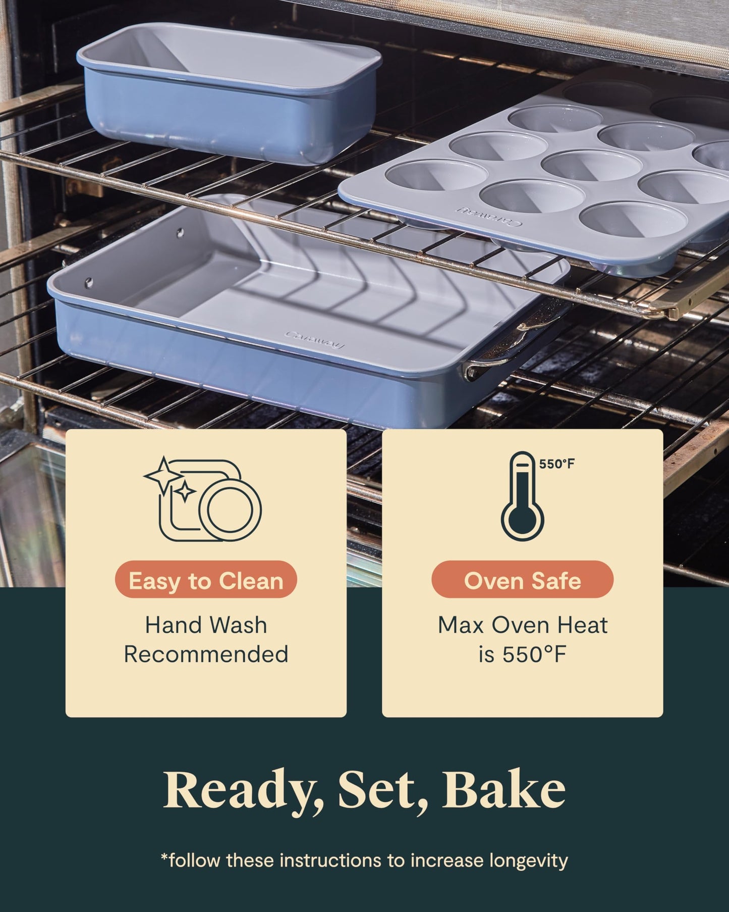 Caraway Nonstick Ceramic Bakeware Set (11 Pieces) - Baking Sheets, Assorted Baking Pans, Cooling Rack, & Storage - Aluminized Steel Body - Non Toxic, PTFE & PFOA Free - Cream