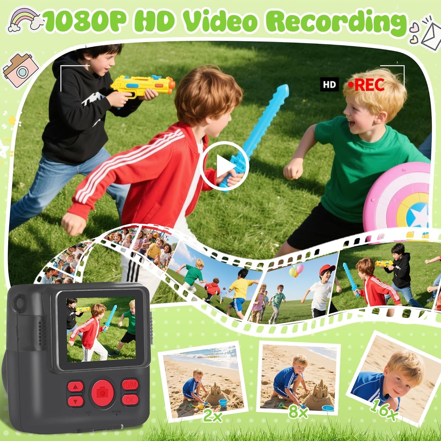 WEEFUN 2.4 Inch 1080P 16X 32GB 4 5 6 7 8 9 10 Kids Camera Instant Print, Safe Toddler Camera, Screen, with Zoom, TF