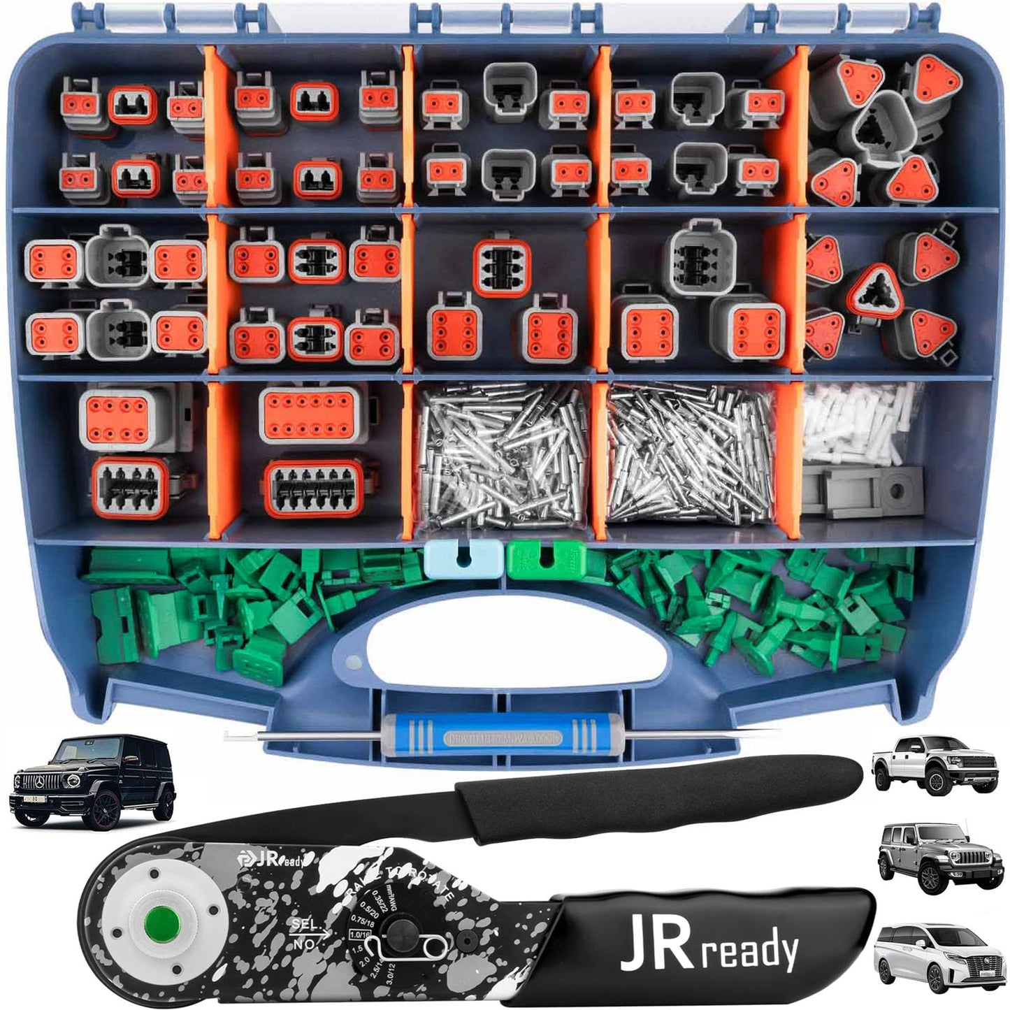JRready DW5009-01 Deutsch Connectors Crimping Tool Kit, 2 3 4 6 8 12 DT Connectors Waterproof Connector with Ratcheting Crimper 22-12 AWG, Automotive Solid Contacts, Deutsch Pin Removal Tool