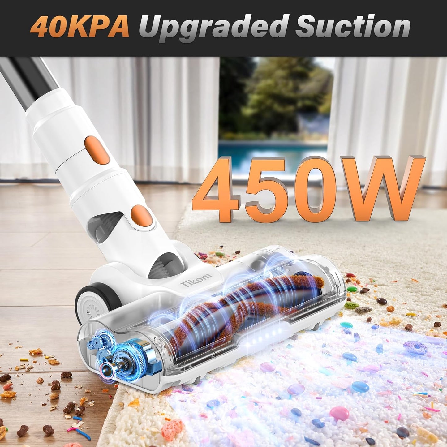 Tikom V500 Cordless Vacuum Cleaner - 40000Pa Suction Power, LED Touch Screen, Lightweight Design for Pet Hair & Hard Floors