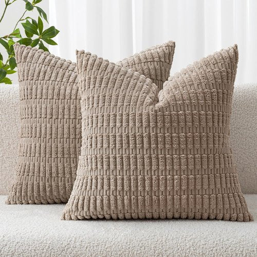 MIULEE Euro Sham Pillow Covers - Soft Boho Striped Corduroy | 22x22 Inch Light Brown Decor for Sofa & Bed