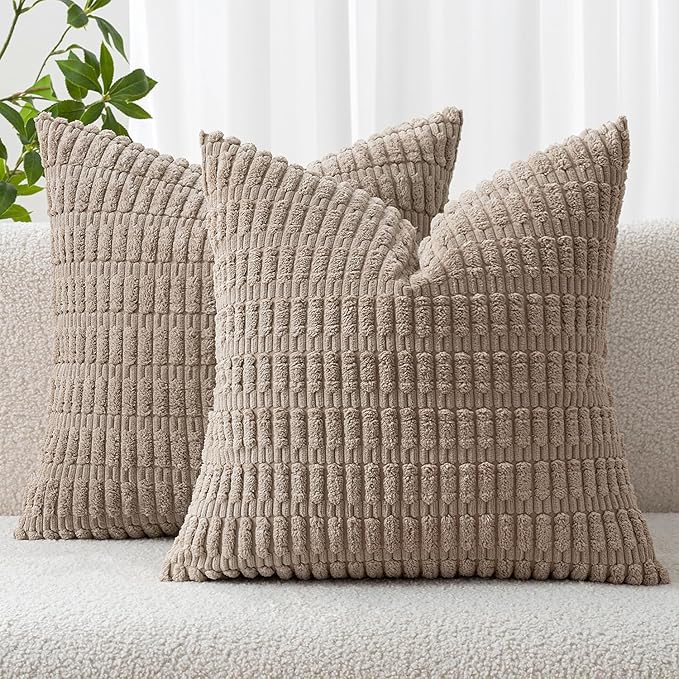 MIULEE Pack of 2 Corduroy Decorative Euro Sham Throw Pillow Covers 24x24 Inch Soft Boho Striped Pillow Covers Modern Farmhouse Home Decor for Sofa Living Room Couch Bed Light Brown