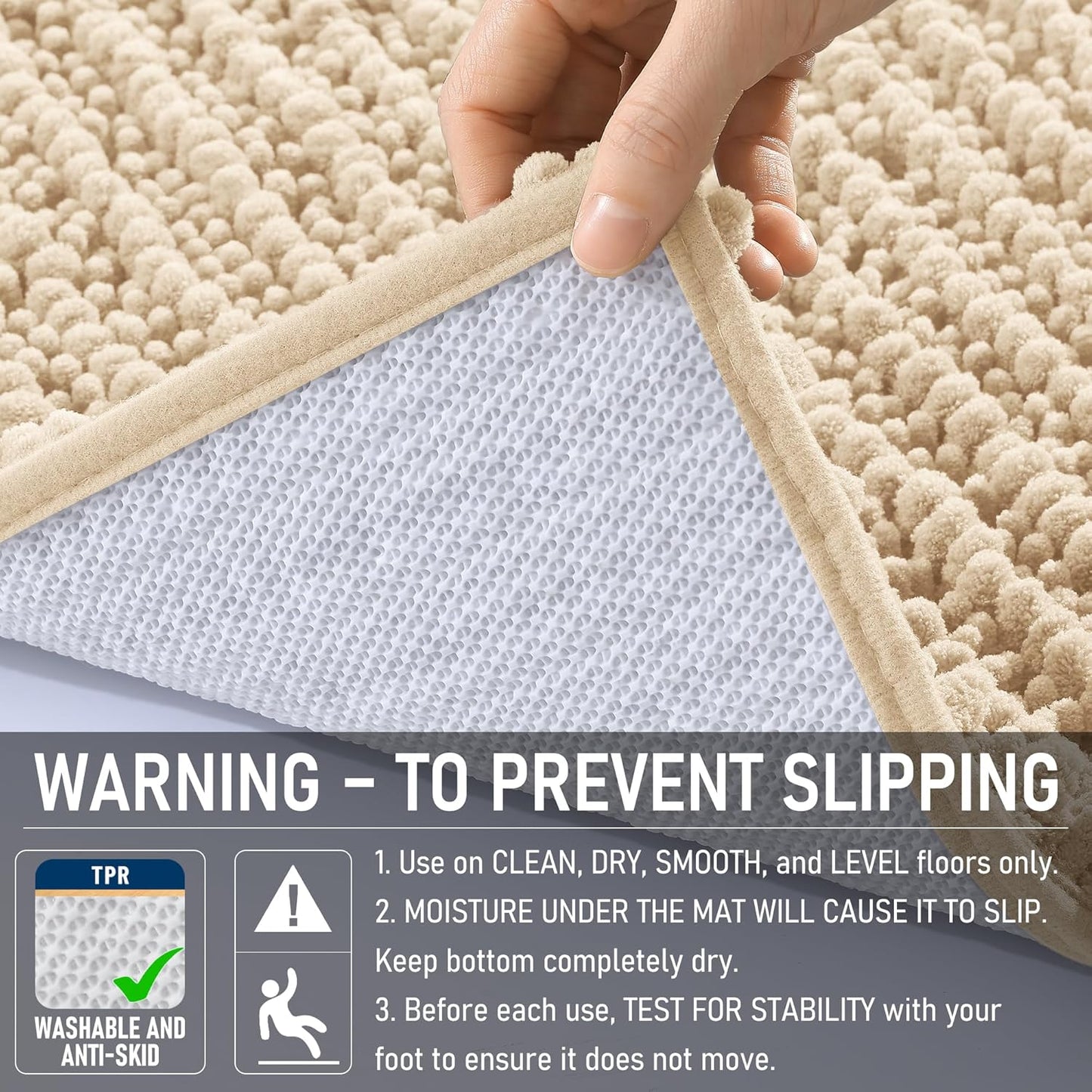 OLANLY Bathroom Rug Mat - Thick Soft Chenille Bath Mat with Non-Slip Backing | 40x32, Beige, Machine Washable