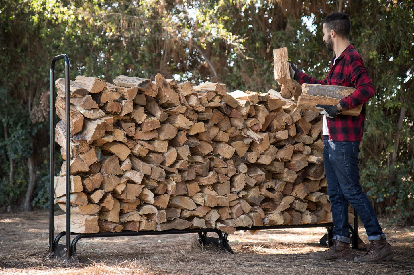 Champion Power Equipment 8-Ton Compact Horizontal Gas Log Splitter with 96-Inch Firewood Heavy Duty Wood Log Rack and Rack Cover