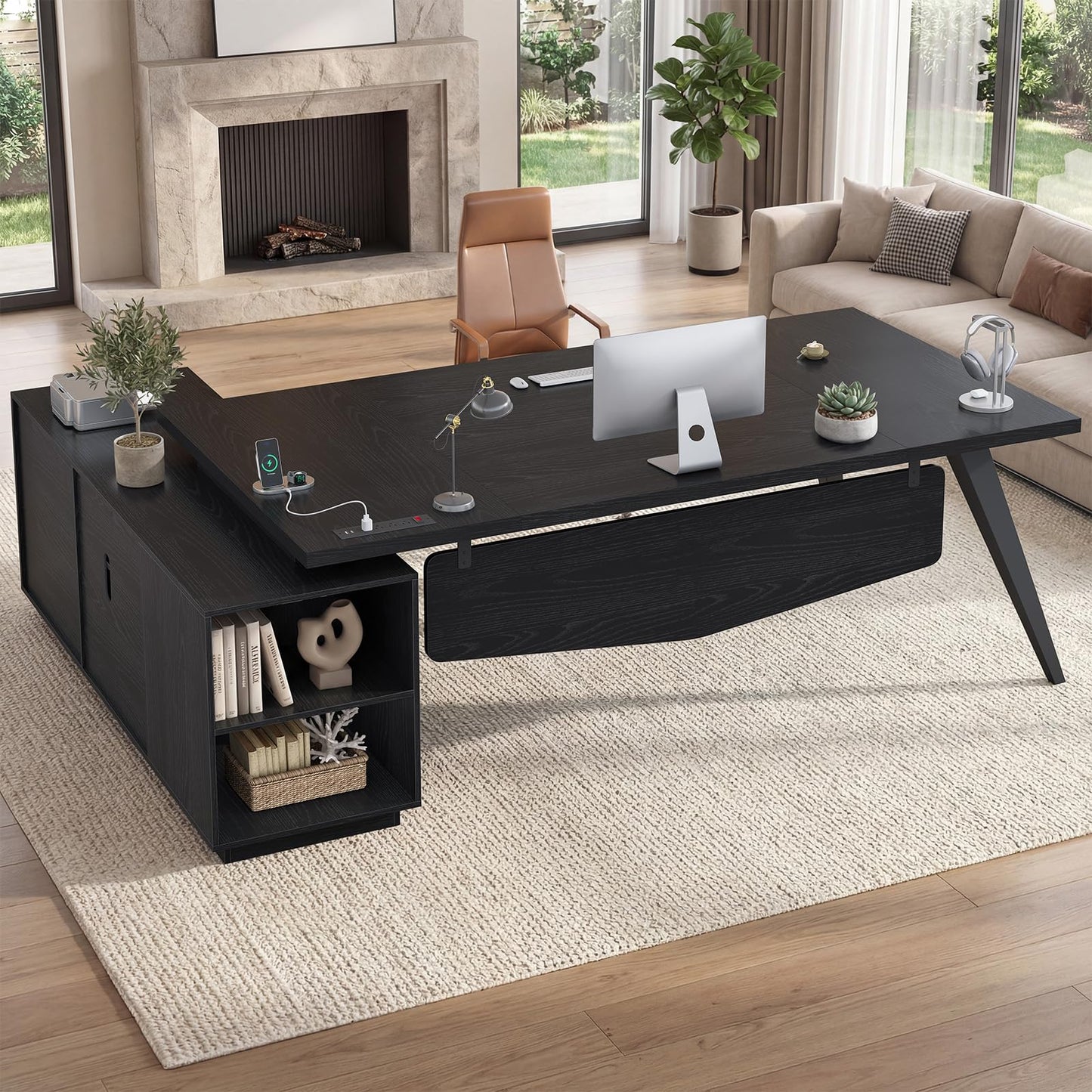 70.3 inch L Shaped Executive Desk with Power Outlets, Large Home Office Desk with Storage Drawers and File Cabinet, Modern Computer Desk with Shelves, Black Business Furniture, Square Tapered Legs