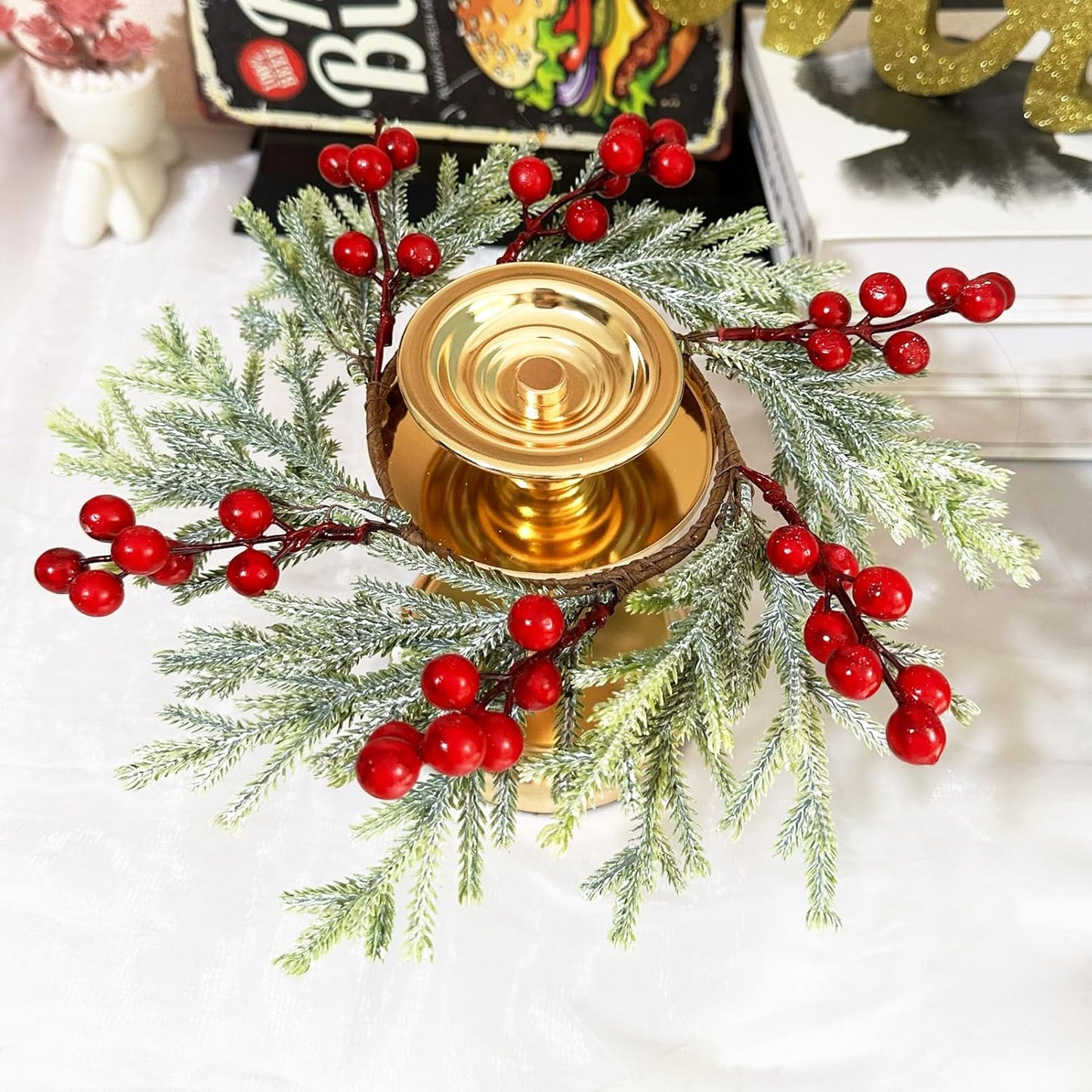 Skiennix 2-Piece Christmas Wreath Candle Rings - Artificial Cedar & Cypress with Red Berries for Holiday Table Decor