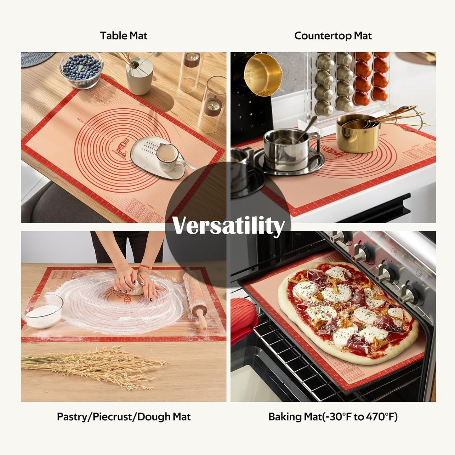 Skiennix Non-Slip Silicone Pastry Mat - Extra Large 36'' x 24'' for Baking & Dough Rolling | Red (Pack of 2)