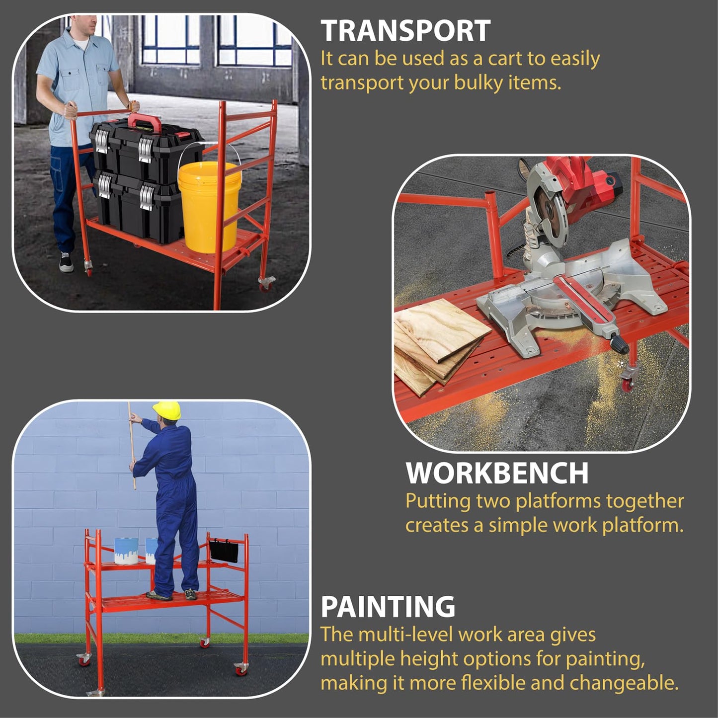 LEADALLWAY Portable Rolling Scaffolding Platform 4 Foot High Mobile Baker Scaffolding 770 LBS Capacity with Locking Wheels and Tool Bag, Red
