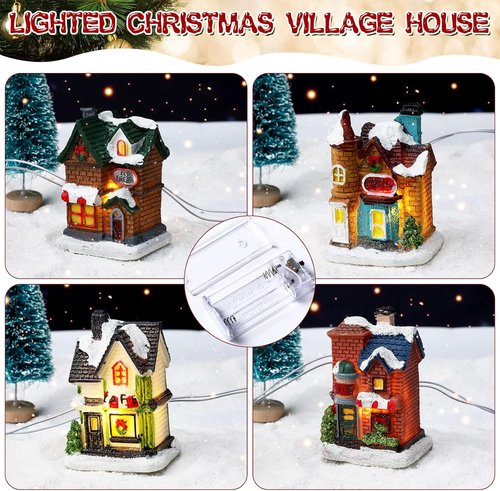 Gerrii Christmas Village Figurines Set - 31 Pcs Lighted LED Houses & Snow Blanket for Festive Decor