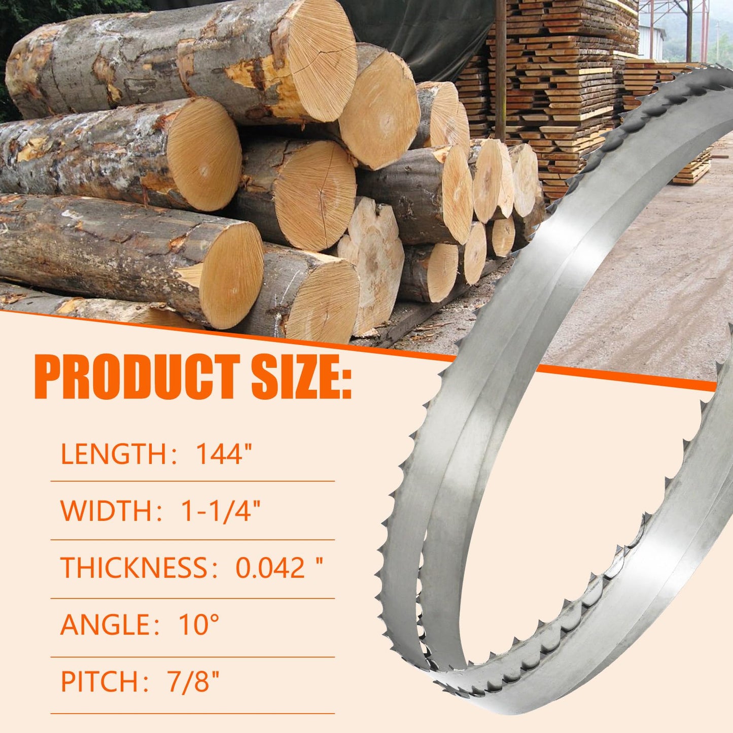 144" Sawmill Bandsaw Blades 5-Pack Compatible with Wood-Mizer, Bandsaw Blades Compatible with Woodland, Harbor Freight, Frontier, Timbery,TMG Industrial Mills, 10°All-Purpose Sawing