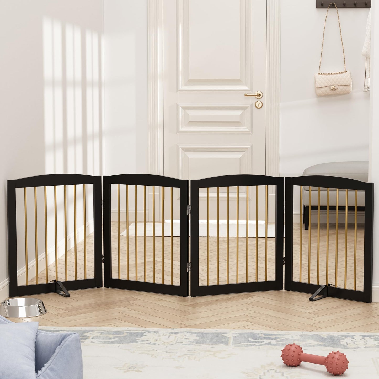 PUPETPO Freestanding Pet Gate for Dogs, Foldable Wooden Dog Gate for House, Indoor Dog Gate for Stairs, Doorways, Step Over Pet Puppy Safety Fence, 80 Inch Wide, 4 Panels 24", Black & Gold