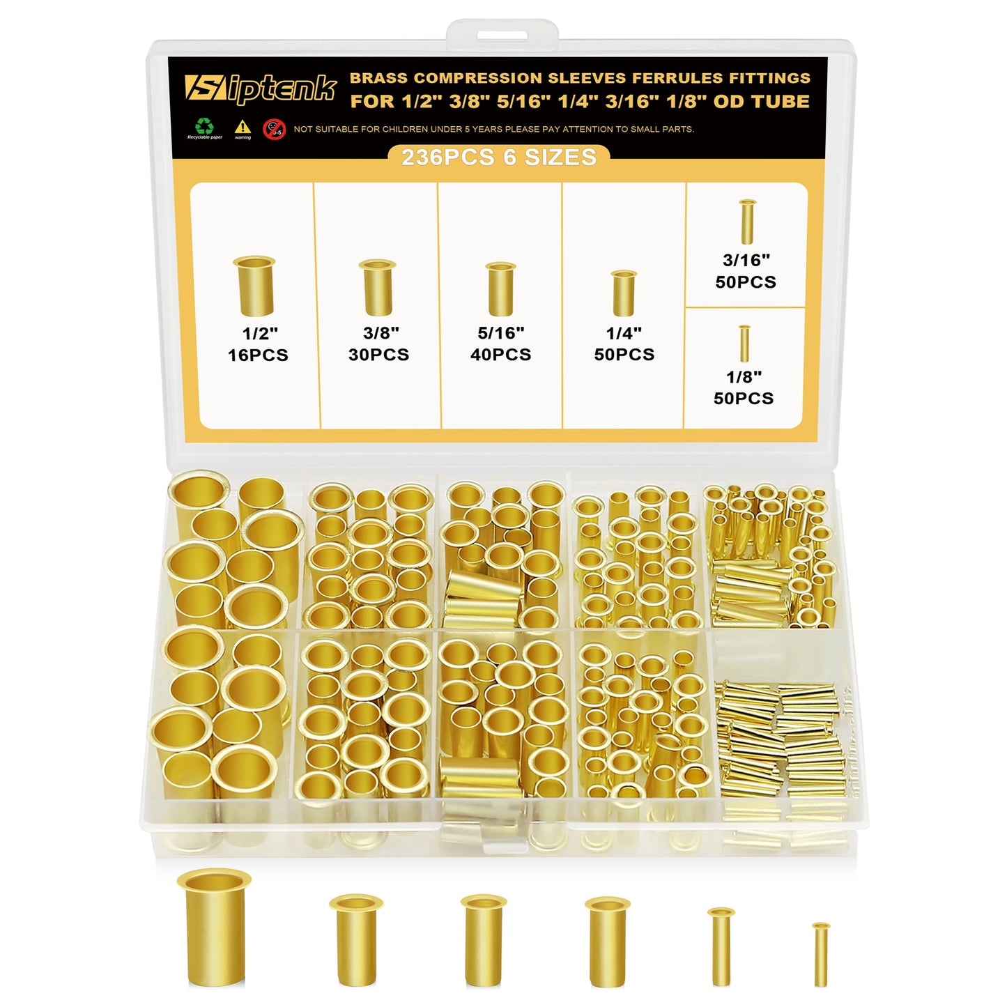 Siptenk 236PCS Brass Compression Tube Inserts for OD 1/2" 3/8" 5/16" 1/4" 3/16" 1/8", 6 Sizes Tubing Insert Brass Ferrule Fitting Assortment Kit